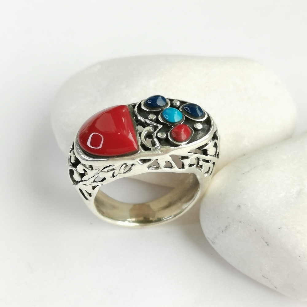 Vintage Southwest Ring Coral Turquoise Lapis Size 6